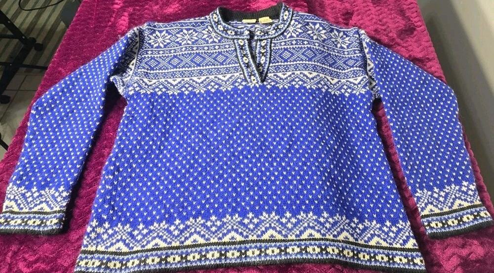 LL Bean Womens Small Fair Isle Nordic Sweater Blue Cream Pullover Vintage #0428